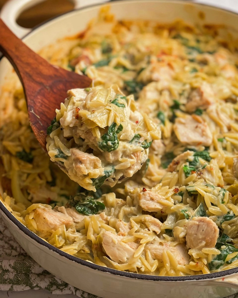 One Pan Spinach Artichoke Chicken Orzo