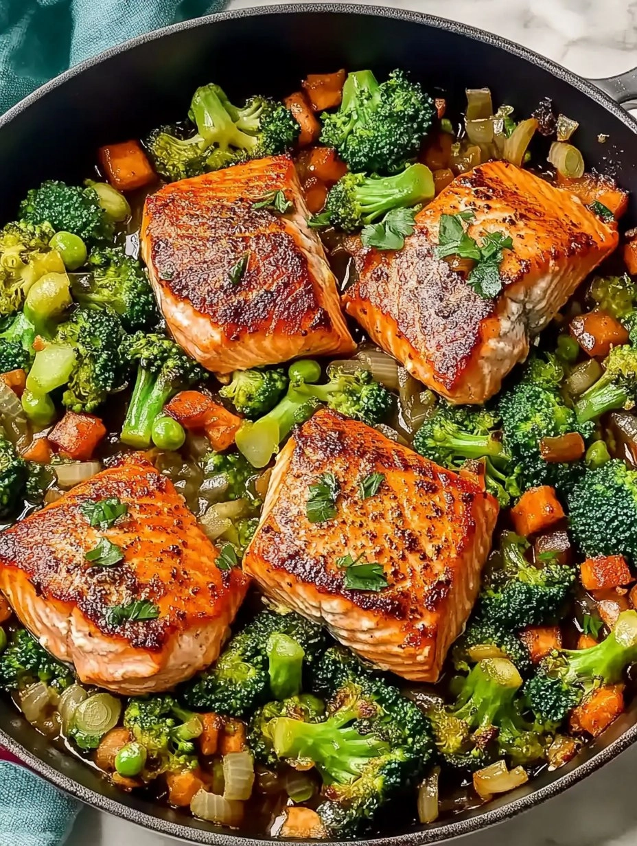 One-Skillet Garlicky Salmon & Broccoli