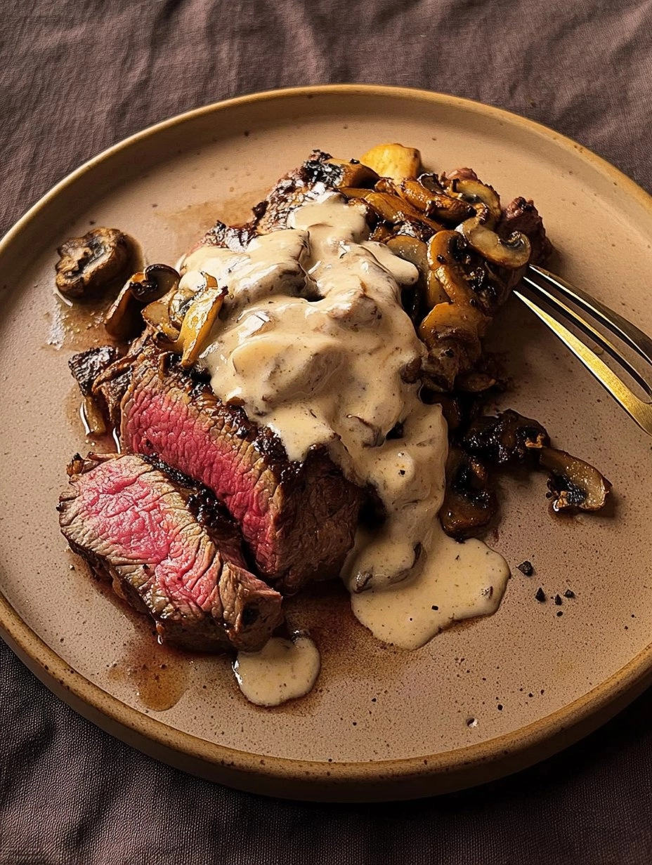 Pink Roasted Steak with Mushroom Sauce 