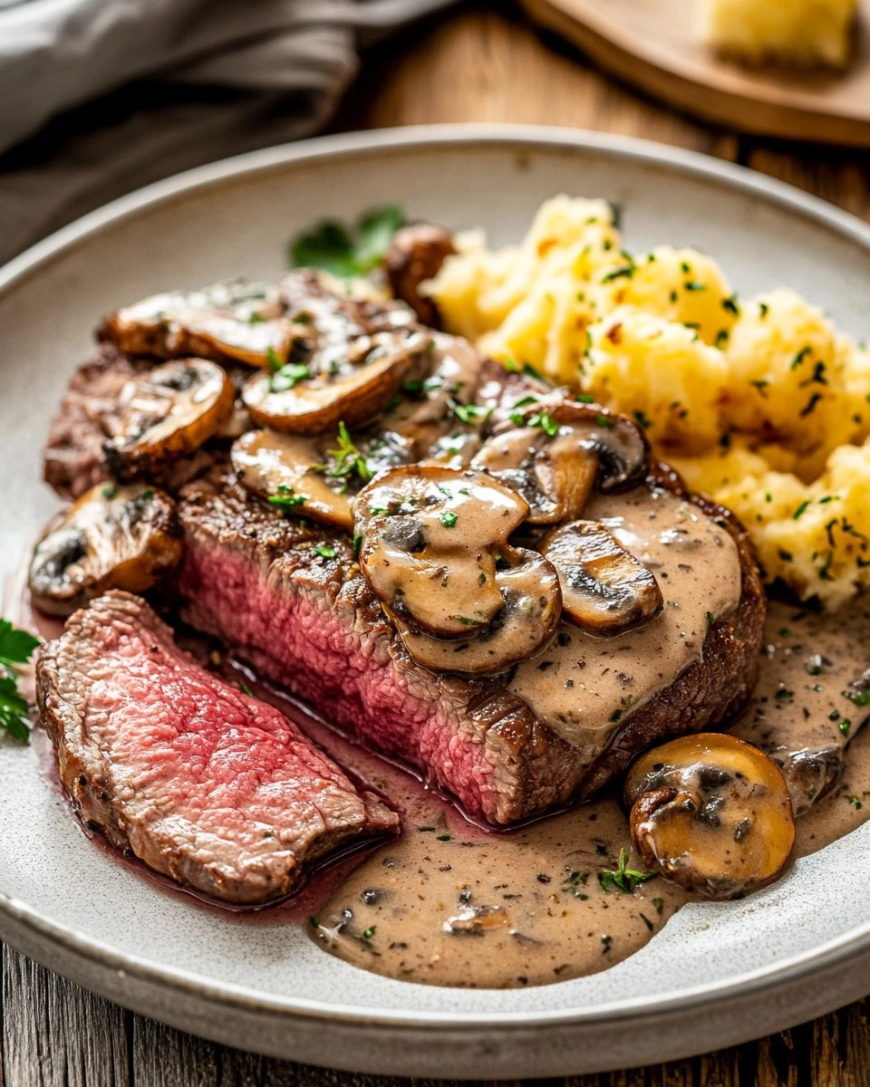 Pink Roasted Steak with Mushroom Sauce 