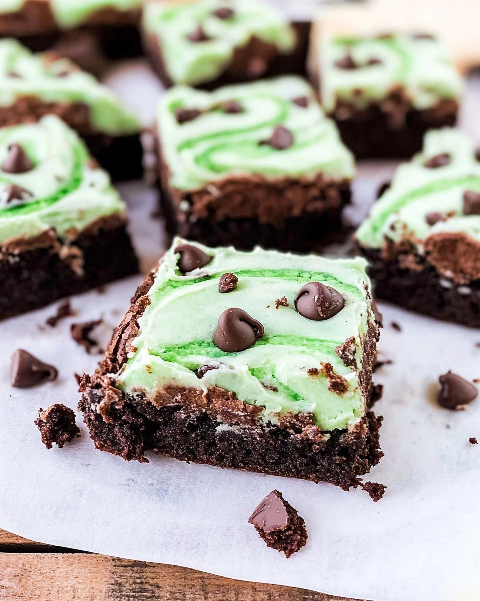 Mint Chocolate Chip Brownies with Green Swirl Frosting