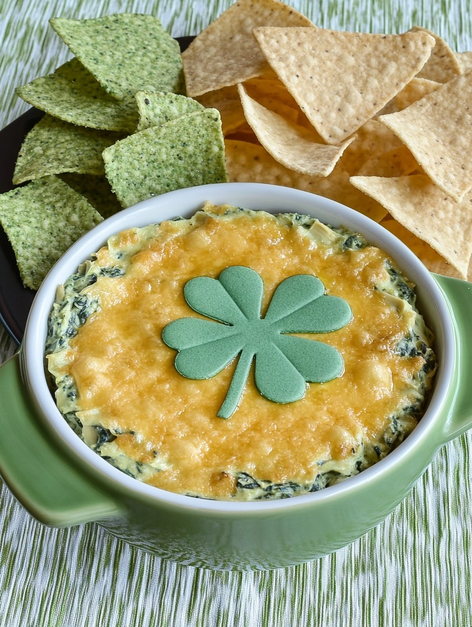 Shamrock Spinach Artichoke Dip with Green Tortilla Chips