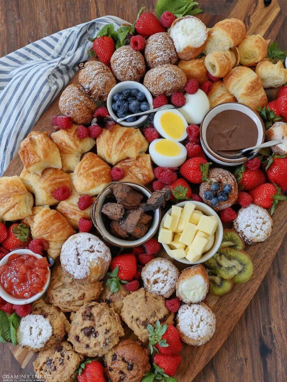 Spring Brunch Board with Eggs, Pastries, Fruit & Dips