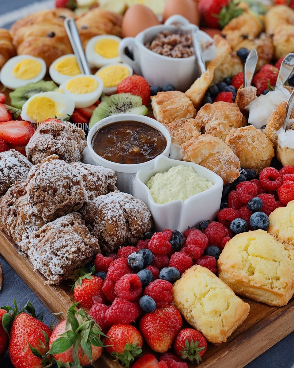 Spring Brunch Board with Eggs, Pastries, Fruit & Dips