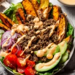 Burger-Bowls-with-Chipotle-Ranch-Sweet-Potato-Fries-Recipe
