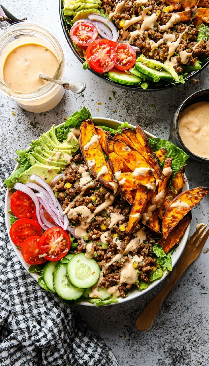 Burger Bowls with Chipotle Ranch Sweet Potato Fries
