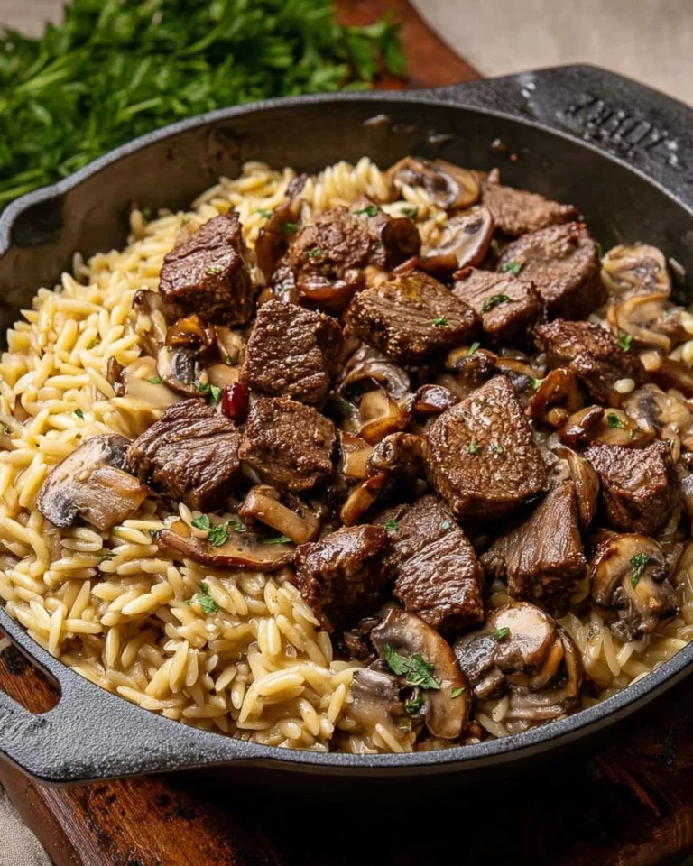 Steak-Bites-with-Creamy-Mushroom-Orzo-Recipe