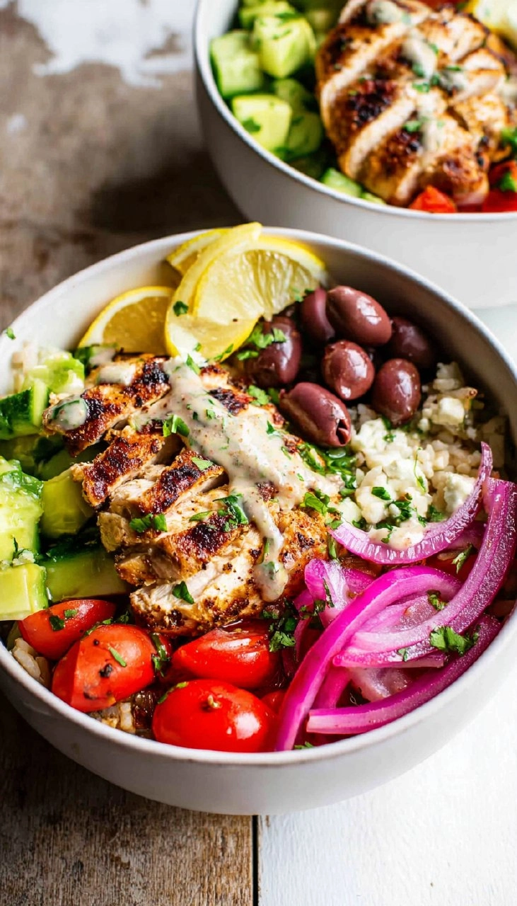 Greek Chicken Bowls with Lemon Garlic Tahini Sauce (Healthy Mediterranean Bowls)