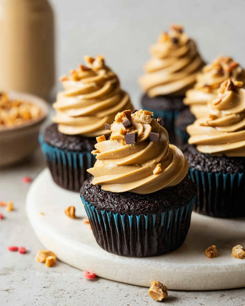 Dark Chocolate Cupcakes with Creamy Peanut Butter Frosting