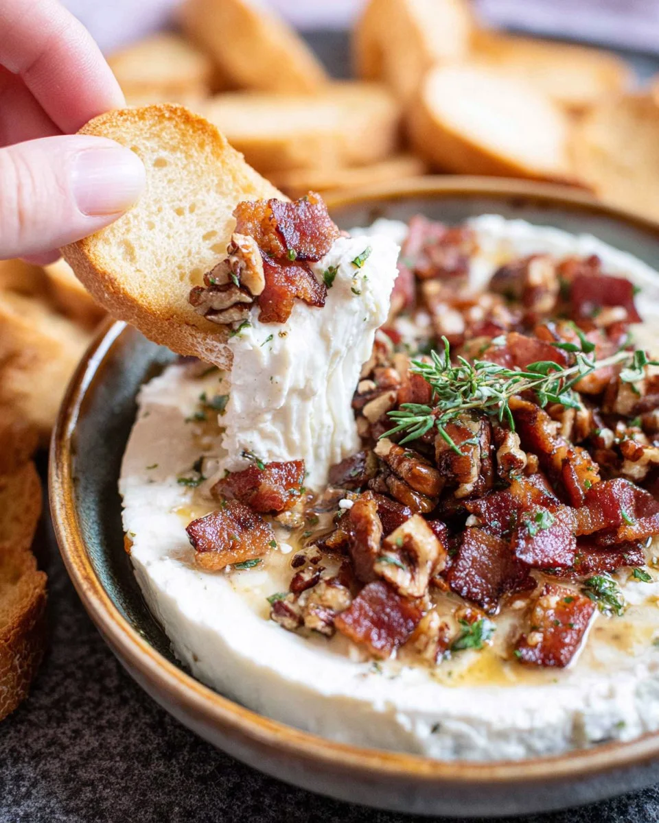 Whipped Goat Cheese with Candied Bacon and Pecans